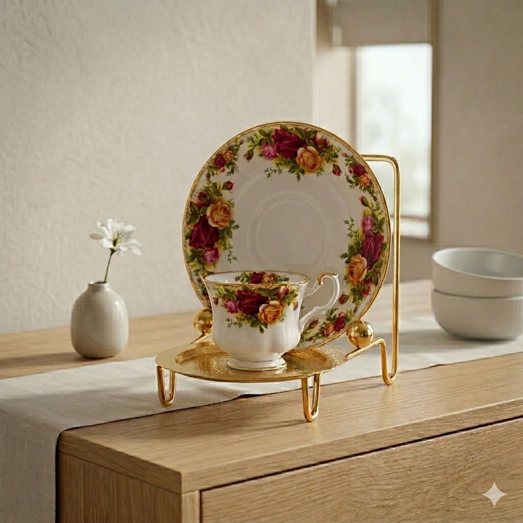 HOHIYA 6 Piece Tea Cup and Saucer Display Stands Heavy-Duty Metal Teacup and Plate Holder for China Cabinets Elegant Porcelain Showcase Rack Gold